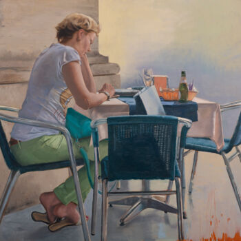 Painting titled "Café en Roma" by Juan Álvarez Cebrián, Original Artwork, Oil Mounted on Wood Stretcher frame