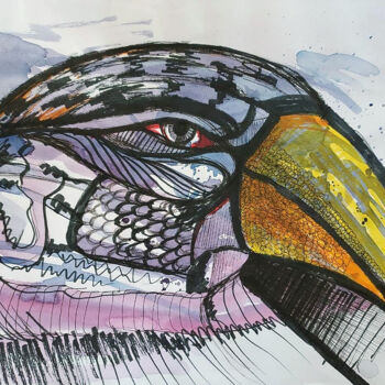 Peinture intitulée "Parrot Eye" par Shashintha Dilhani, Œuvre d'art originale, Stylo à bille Monté sur Verre