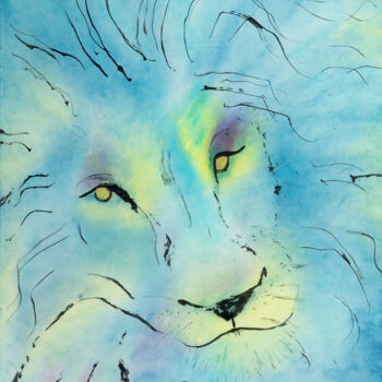 Painting titled "The blue lion" by Marcel Garbi, Original Artwork, Watercolor