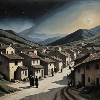 Painting titled "Village Stroll" by Nursultan Abildayev, Original Artwork, Acrylic Mounted on Wood Stretcher frame