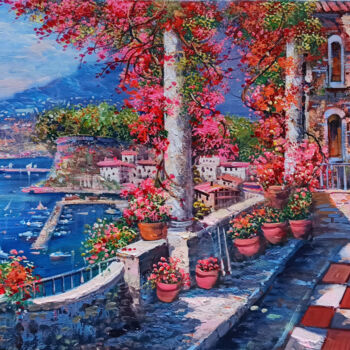 「Flowery terrace on…」というタイトルの絵画 Ernesto De Micheleによって, オリジナルのアートワーク, オイル ウッドストレッチャーフレームにマウント