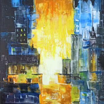 Painting titled "New York Sunset" by Inna Bebrisa, Original Artwork, Acrylic Mounted on Wood Stretcher frame