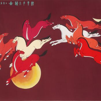 Malarstwo zatytułowany „Eight Steeds of Kin…” autorstwa Junqi Liu, Oryginalna praca, Pigmenty