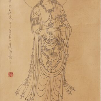 Malarstwo zatytułowany „Bodhisattva Avaloki…” autorstwa Junqi Liu, Oryginalna praca, Atrament