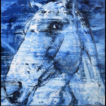 「Blue Horse #1」というタイトルの絵画 Ling Chenによって, オリジナルのアートワーク, オイル ウッドストレッチャーフレームにマウント