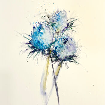Malerei mit dem Titel "Bouquet de chardons" von Françoise Spineux, Original-Kunstwerk, Aquarell