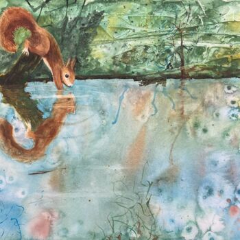Malerei mit dem Titel "Squirreling away" von Afke Van Mansum, Original-Kunstwerk, Aquarell Auf Andere starre Platte montiert