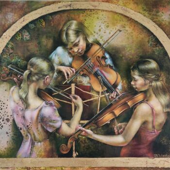 Peinture intitulée "Young Violinists" par Viktorija Bulava Viktorija Bulava, Œuvre d'art originale, Acrylique Monté sur Châs…
