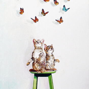 Ζωγραφική με τίτλο "Butterfly Kitty #3" από Timothy Matthews, Αυθεντικά έργα τέχνης, Λάδι Τοποθετήθηκε στο Ξύλινο φορείο σκε…