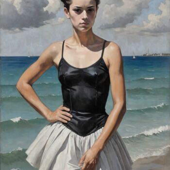 Painting titled "Beach Solitude" by Nursultan Abildayev, Original Artwork, Oil Mounted on Wood Stretcher frame