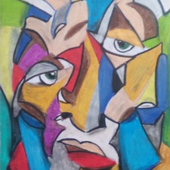 Drawing titled "Visage cubiste 2" by Laudu, Original Artwork, Pastel