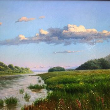 Pintura titulada "Evening on the Oka…" por Roman Yashin, Obra de arte original, Oleo Montado en Cartulina