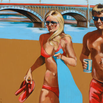 Painting titled "Plaża nad Wisłą" by Małgorzta Łodygowska, Original Artwork, Acrylic Mounted on Wood Stretcher frame