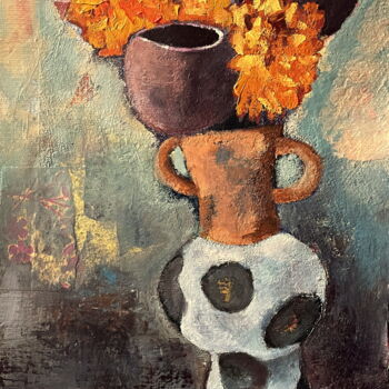Pittura intitolato "Quirky Vase Floral…" da Lena Ru, Opera d'arte originale, Acrilico