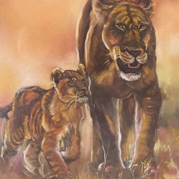 Peinture intitulée "LIONNE ET SON PETIT" par Marie Laplace, Œuvre d'art originale, Pastel Monté sur Carton