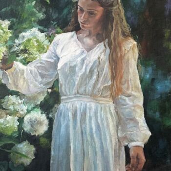Painting titled "В цветах гортензии…" by Polina Sereda, Original Artwork, Oil Mounted on Wood Stretcher frame