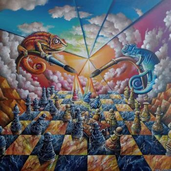 Painting titled "Chessmeleon" by Daniel Schaub, Original Artwork, Oil Mounted on Wood Stretcher frame