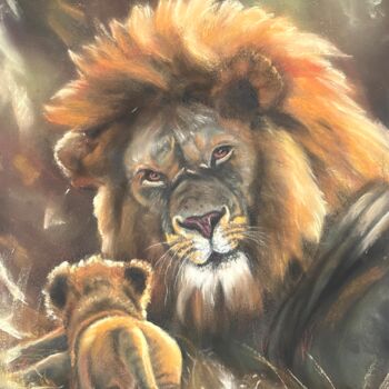 Painting titled "LION ET SON PETIT" by Marie Laplace, Original Artwork, Pastel Mounted on Cardboard