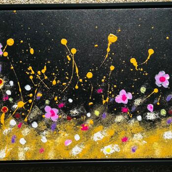 Peinture intitulée "Blumengruß auf schw…" par Melina Schatzmann, Œuvre d'art originale, Acrylique Monté sur Autre panneau ri…