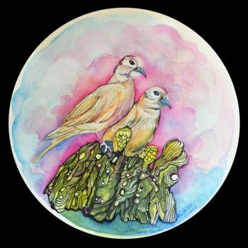 Painting titled "pigeons on cactus" by Merve Gürlek, Original Artwork, Watercolor