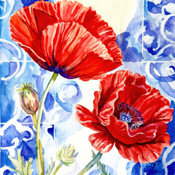 Pintura intitulada "Red Poppies" por Irina Kurganskaya, Obras de arte originais, Aquarela