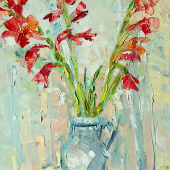 「Gladioluses」というタイトルの絵画 Oksana Pidhurskaによって, オリジナルのアートワーク, オイル ウッドストレッチャーフレームにマウント