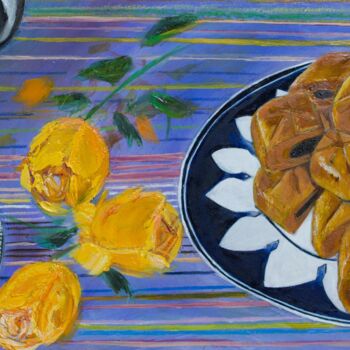 Peinture intitulée "thé chez mimoun" par Younes Sari, Œuvre d'art originale, Huile Monté sur Châssis en bois