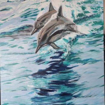 Painting titled "Deux dauphins commu…" by Patrick Foi, Original Artwork, Acrylic Mounted on Wood Stretcher frame