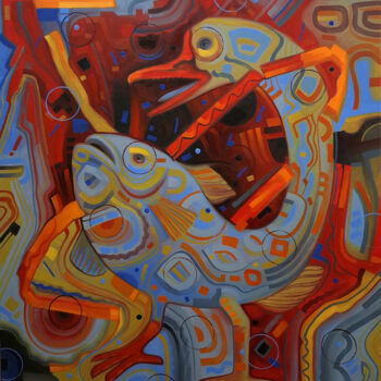 Malerei mit dem Titel "Fish-Goose" von Serhii Voichenko, Original-Kunstwerk, Öl Auf Holzplatte montiert