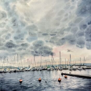 Peinture intitulée "LE PORT AVANT LA TE…" par Alix Xu, Œuvre d'art originale, Aquarelle Monté sur Châssis en bois