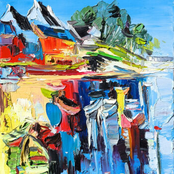 Pittura intitolato "Harbor in Motion" da Vahe Bagumyan, Opera d'arte originale, Olio Montato su Telaio per barella in legno