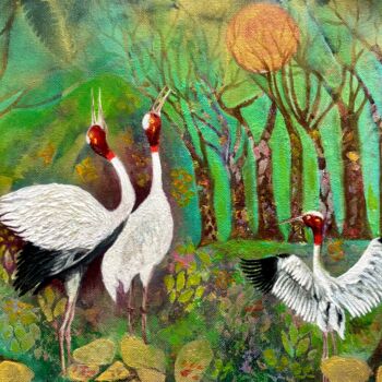 Malerei mit dem Titel "Sarus Serenade" von Dr. Priyanjalee Banerjee, Original-Kunstwerk, Acryl