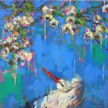 Painting titled "Flores blancas" by Amaya F Fariza, Original Artwork, Oil Mounted on Wood Stretcher frame