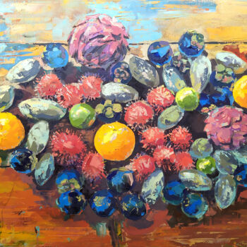 Peinture intitulée "Tropical fruits on…" par Alexander Mikhaylov, Œuvre d'art originale, Huile Monté sur Châssis en bois