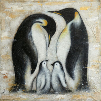 Painting titled "Famille de manchots…" by Isabelle Milloz, Original Artwork, Acrylic Mounted on Wood Stretcher frame