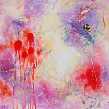 Painting titled "Bumble bee on laven…" by Sylvia Eder, Original Artwork, Acrylic Mounted on Wood Stretcher frame