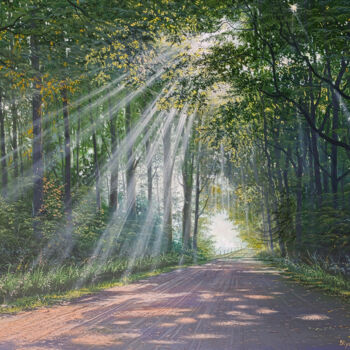 Painting titled "Sunlit Path" by Stepan Ohanyan, Original Artwork, Oil Mounted on Wood Stretcher frame