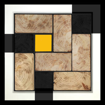 Sculpture titled "Tetris black/yellow" by Davide Capriata, Original Artwork, Wood Mounted on Wood Panel