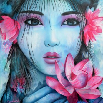 Peinture intitulée "Hasu" par Jeannette Guichard-Bunel, Œuvre d'art originale, Huile Monté sur Châssis en bois