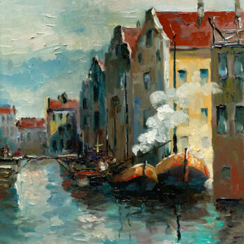 Painting titled "city ​​on the river" by Pavel Filin, Original Artwork, Oil Mounted on Wood Stretcher frame
