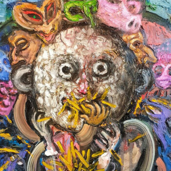 绘画 标题为“Bâtonnets Jaunes” 由Groupe Mardis-Gras, 原创艺术品, 油 安装在木质担架架上