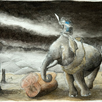 Pittura intitolato "Pushing Timber" da Thierry Falise, Opera d'arte originale, Acquarello