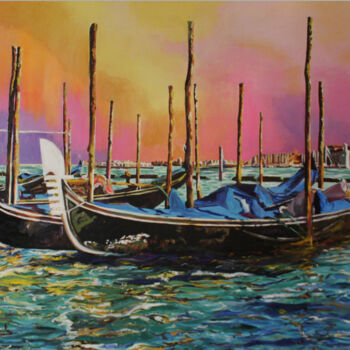 "Venetian gondolas." başlıklı Tablo Alex Pelesh tarafından, Orijinal sanat, Petrol Ahşap Sedye çerçevesi üzerine monte edilm…