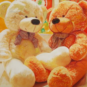 Painting titled "Teddy bears." by Alex Pelesh, Original Artwork, Oil Mounted on Wood Stretcher frame