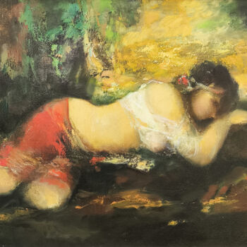 Painting titled "Afternoon Rest" by Melkon Hovhannisyan, Original Artwork, Oil Mounted on Wood Stretcher frame