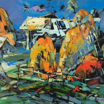 Painting titled "Heart of the Villag…" by Melkon Hovhannisyan, Original Artwork, Oil Mounted on Wood Stretcher frame