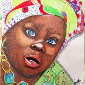 Tekening getiteld "Petite fille d'Afri…" door Portraits De L'Âme, Origineel Kunstwerk, Potlood Gemonteerd op Frame voor hout…