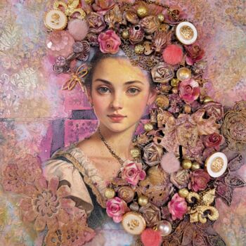 Collages titled "Lady Princess" by Delphine Sagot, Original Artwork, Collages Mounted on Wood Stretcher frame