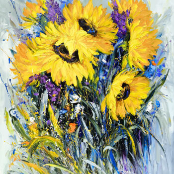 제목이 "Cheerful Field Bouq…"인 미술작품 Marietta Martirosyan로, 원작, 기름 나무 들것 프레임에 장착됨