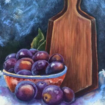 제목이 "Plums still life"인 미술작품 Inna Bebrisa로, 원작, 기름 나무 들것 프레임에 장착됨